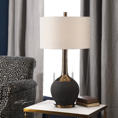 Matte Black and Bronze 3-Way Table Lamp with Drum Shade