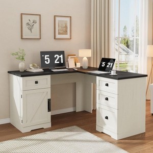 Farmhouse 60" Executive L Shaped Desk, Home Office Desk with File Drawers and Storage Cabinet, Corner Computer Desk - 1 of 4