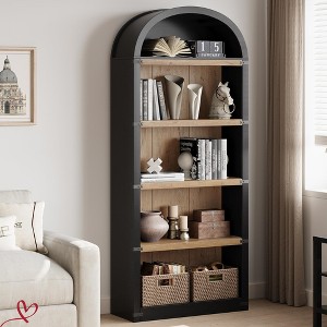 5 Shelf Arched Bookshelf Bookcase Tall Bookcase Farmhouse Display Storage Rack Wooden Bookshelves - 1 of 4