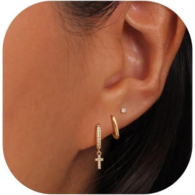 Freekiss 3 Pairs Gold Hoop Earrings Set: Dainty Stud Earrings Trendy Small 14K Gold Plated Hypoallergenic Dangle Cartilage