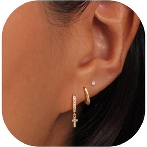 Freekiss 3 Pairs Gold Hoop Earrings Set: Dainty Stud Earrings Trendy Small 14K Gold Plated Hypoallergenic Dangle Cartilage - 1 of 4