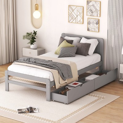 RISOKEYS Twin Size Platform Bed,Solid Wood Platform Bed Frame with Headboard and Slats Support,for Living Room, Bedroom, No Box Spring Needed