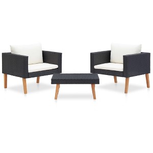 vidaXL 3 Piece Patio Lounge Set with Cushions Poly Rattan Black - 1 of 4
