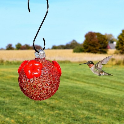 Red Textured Glass Hanging Hummingbird Feeder with Rubber Ports