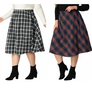 Agnes Orinda Women's Plus Size Plaid Elastic Waist Flare Fall Casual A-Line Skirts 2 Pcs - 1 of 4