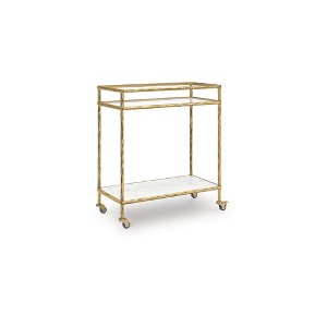 Signature Design by Ashley Plattfield Rolling Bar Cart and Kitchen Serving Cart with Glass and Marble Shelves, Antique Gold Finish - 1 of 4
