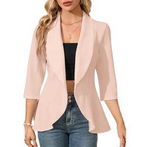 Coolmee Women's 3/4 Sleeve Open Front Blazer Suit with Ruffle Hem Casual Office Jacket - 1 of 4
