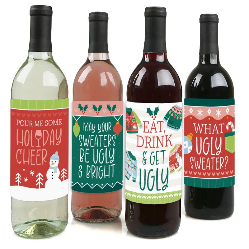 Big Dot of Happiness Colorful Christmas Sweaters - Ugly Sweater Holiday Party Decorations for Women and Men - Wine Bottle Label Stickers - Set of 4, 1 of 9