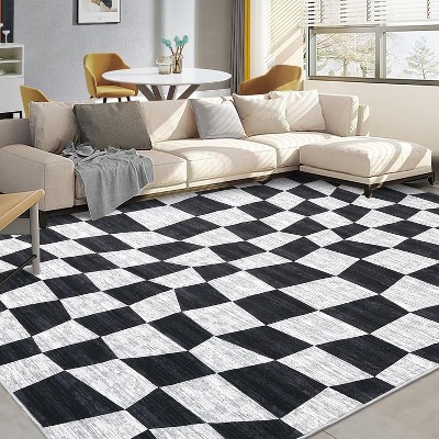 Washable Checkered Rug Non Slip Soft Low Pile Stain Resistant Indoor Carpet