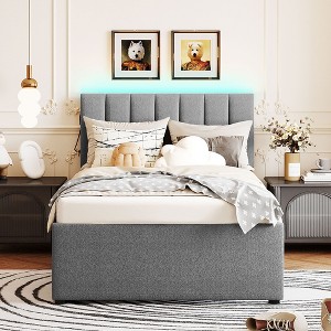 Okak Platform Bed Frame with Upholstered and LED Lights No Box Spring Needed Teddy Fleece Bed with Trundle - 1 of 4