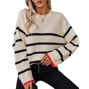 Coolmee Womens Striped Sweaters Long Sleeve Ribbed Knitted Color Block Casual Loose Oversized Sweaters Pullover - 1 of 4
