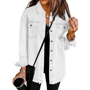 Zeagoo Jean Jackets for Women Ripped Fringe Denim Jean Jacket Casual Long Sleeve Pockets Jackets Coat - 1 of 4
