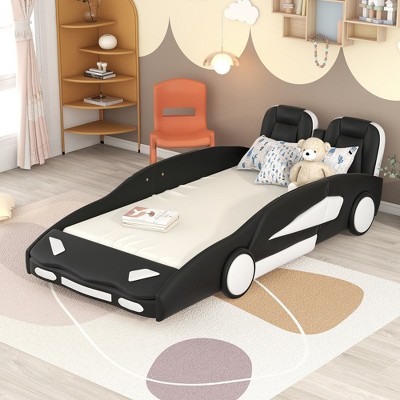 Twin Size Classic Car-Shaped Platform Bed With Wheels, Headboard, Solid Guardrails On Both Sides, Pine Bed For Home