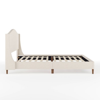 Amelia Queen Beige Linen Upholstered Platform Bed with Walnut Legs