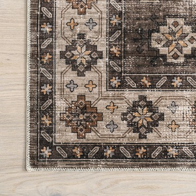 Dark Brown Geometric Synthetic Washable Accent Rug, 3' x 5'