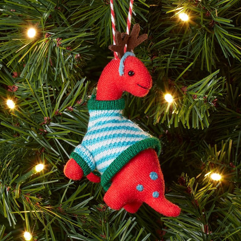 Fabric Brontosaurus with Antlers and Striped Sweater Christmas Tree Ornament Red/Blue - Wondershop&#8482;, 2 of 4