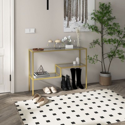 Gold Steel and Clear Glass Console Table with Storage Shelves
