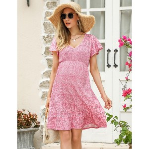 Women's Maternity Smocked Short Sleeve Summer Dress V Neck Boho Ruffle Casual Swing Midi Dress Baby Shower Photoshoot - 1 of 4
