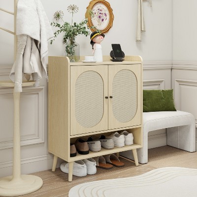 Shoe Cabinet,12 Pairs Shoe Rack Organizer Cabinet, Shoe Storage Cabinet, 4-Tier Modern Shoe Organizer with Double Doors and Adjustable Shelf,Natural