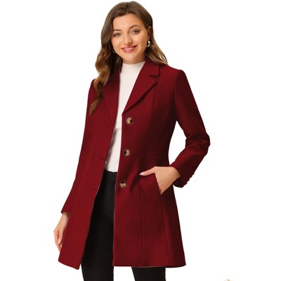 Allegra K Women's Single Breasted Notched Lapel Long Winter Coats Red ...