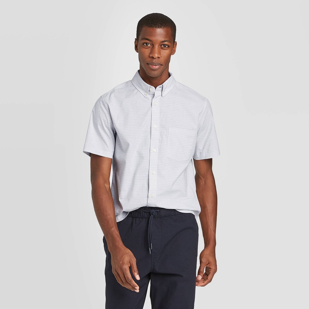 Men's Slim Fit Short Sleeve Poplin Button-Down Shirt - Goodfellow & Co Gray S was $19.99 now $12.0 (40.0% off)