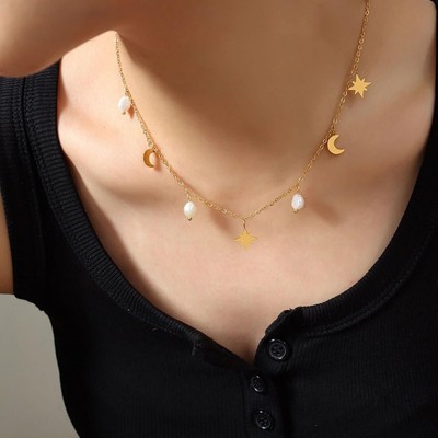 Clotth Nordic-Inspired Star Moon and Pearl Chain Necklace for Women - 16" Stainless Steel European and American INS Style Versatile Choker