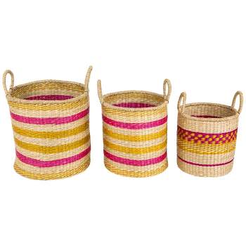 Northlight Set of 3 Striped Fuchsia and Yellow Seagrass Woven Baskets with Handles 13.75"