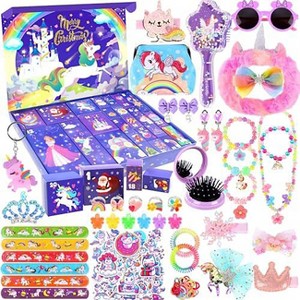 Aoibox Advent Calendar 2025 for Girls 24 pcs Unicorn Christmas Countdown Gift Box with Hair Accessories Jewelry Sunglasses Stickers Purse - 1 of 4