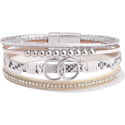 Boho Wrap Bracelet with Infinity Design, Leather Cuff Bangle with Magnetic Clasp, Stackable Jewelry Gift for Mom