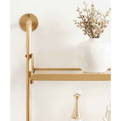 Gold Metal Three-Tier Floating Wall Shelf with Glass
