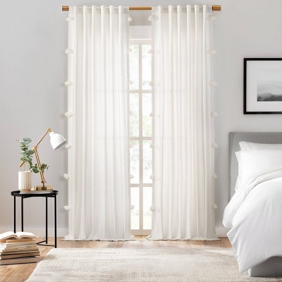 Image of 84"x50" Ardmore Pom Pom Light Filtering Curtain Panel Off White - Mercantile