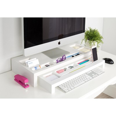 White Wood Desktop Organizer Monitor Stand with Storage Slots