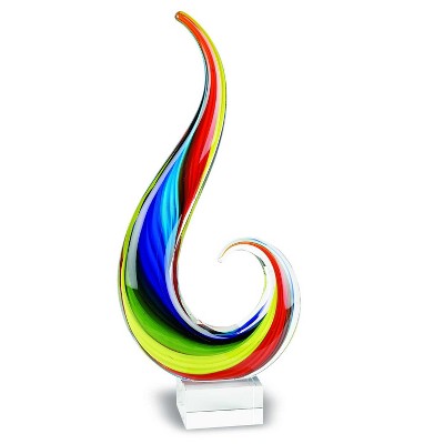 HomeRoots 12" Clear Red Blue Yellow Murano Glass Modern Abstract Tabletop Sculpture