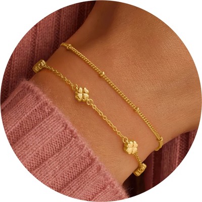 Turandoss 2PCS Gold Bracelet for Women Girls - Dainty 18K Gold Chain Bracelet Stack for Kids, Layered Bracelet Set, Christmas Gifts for Girls, 6+2In