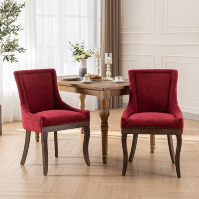 DOMETOUR Dining Chair Set of 2 Thickened Fabric Chair with Neutrally Toned Solid Wood Legs Bronze Nail Head