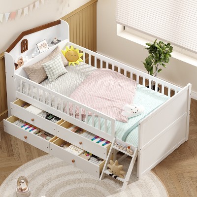 Empire DigiLabs Twin Platform Bed Frame with 4 Drawers and Storage Headboard for Kids/Teens Bedroom, Beds with Guardrails, No Box Spring Needed