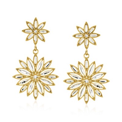 Ross-Simons Italian Sterling Silver and 18kt Gold Over Sterling Flower Drop Earrings