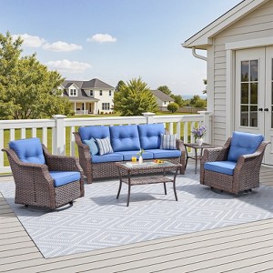 Buenhomino 5-Piece Patio Furniture Set, Outdoor Wicker Sofa with Swivel Chairs and Coffee Table, Rattan Outdoor Conversation Set for Poolside Backyard - 1 of 4