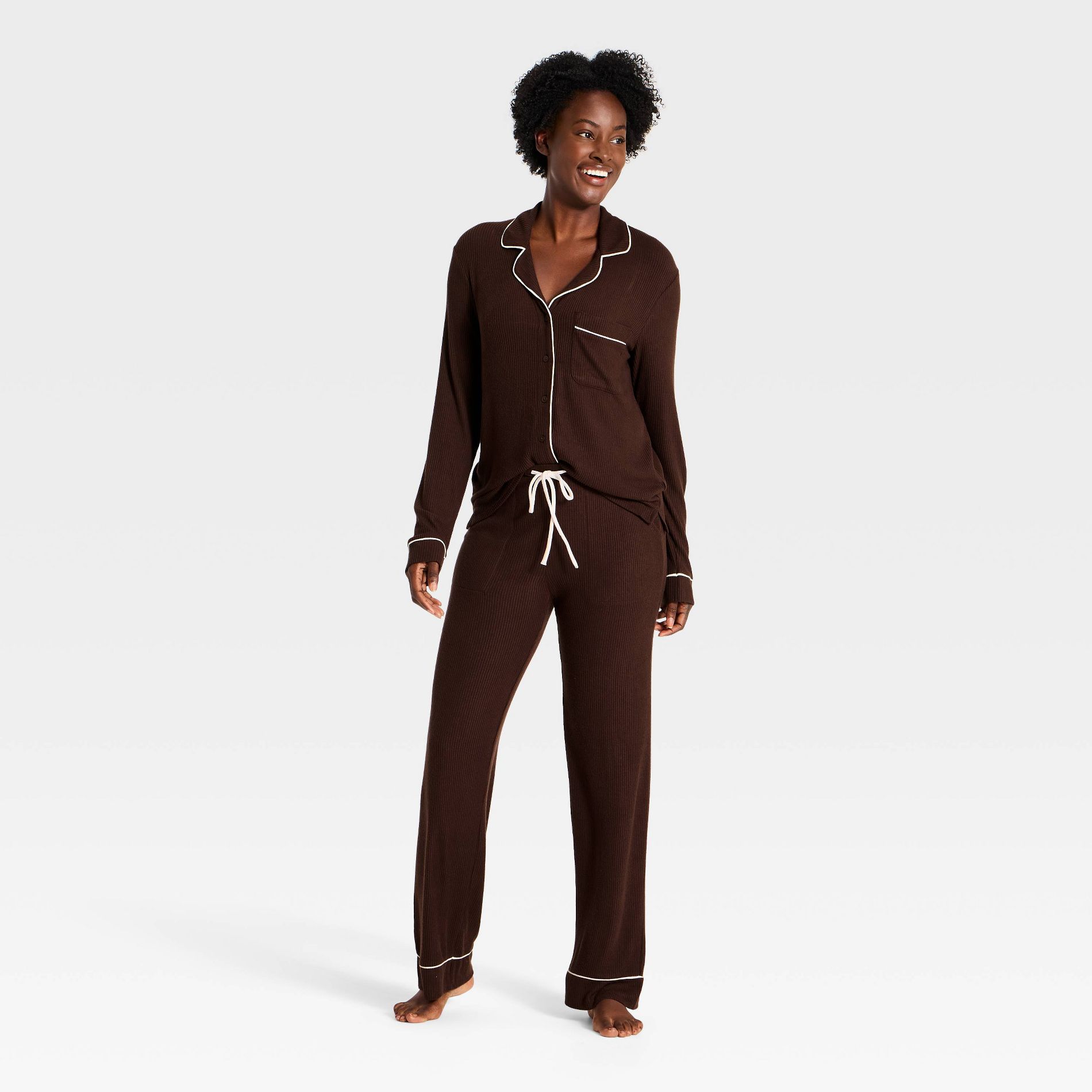 Women's Cozy Ribbed Notch Collar Long Sleeve Shirt and Pants Pajama Set - Auden™