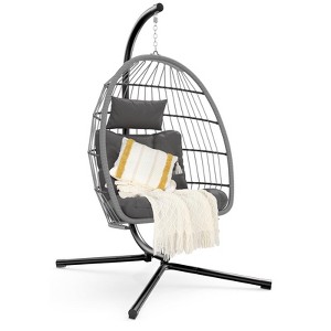 Indoor Outdoor Hanging Egg Chair with Stand, Patio Wicker Swing Egg Chair with Cushion 350lbs Capacity - 1 of 4