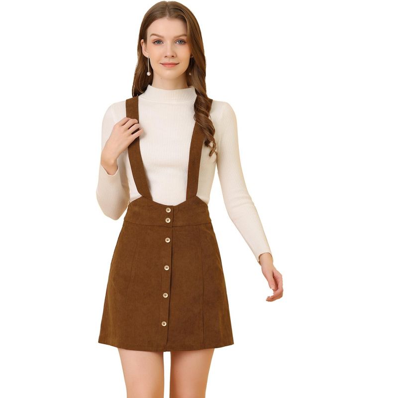 Allegra K Women's Corduroy A-line Decor Button Front Mini Suspender Skirt, 1 of 6