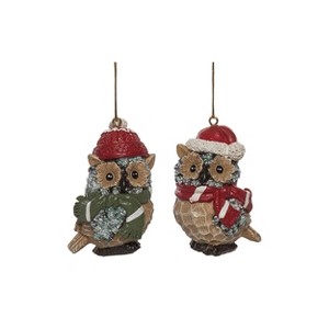 Transpac Resin Bundled Up Owl Ornament Set of 2 Christmas Home Decorations - 1 of 1