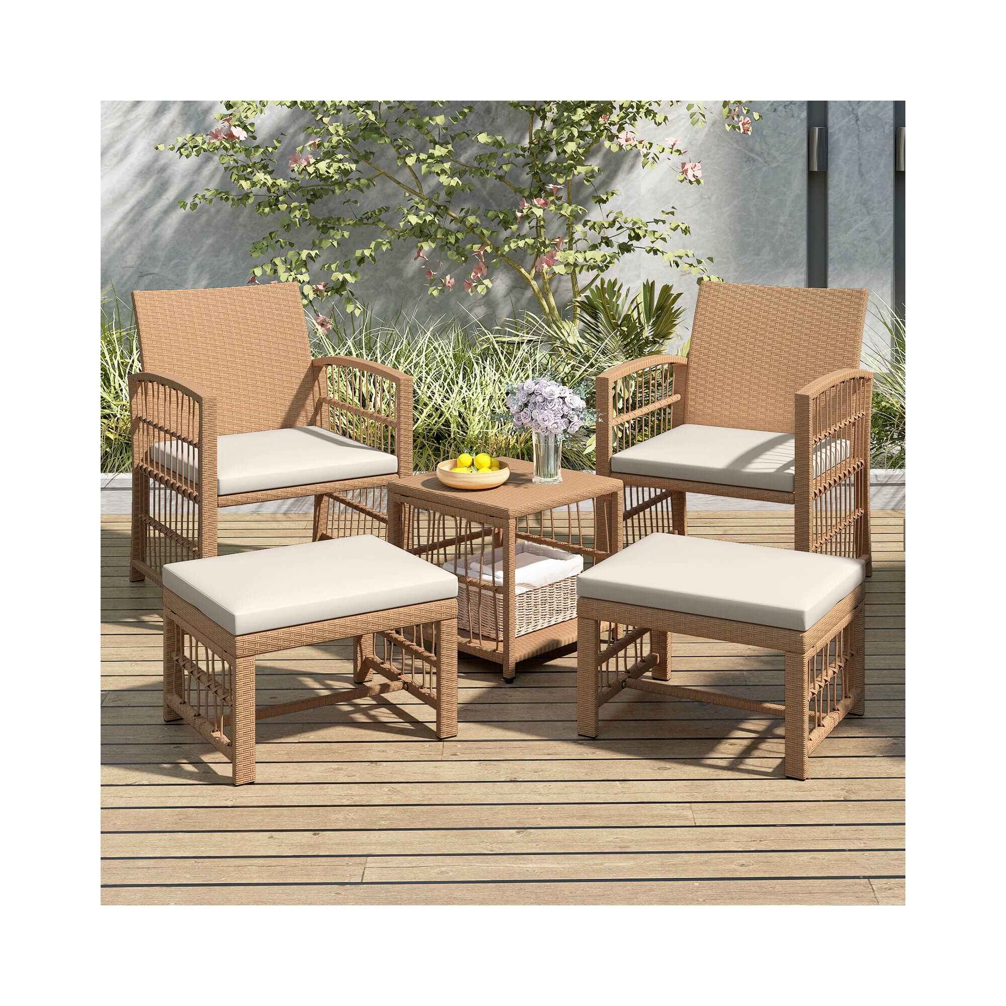 Costway 5 Pieces Patio Conversation Set PE Rattan Balcony Furniture Set with Cushions