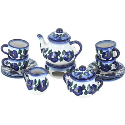 Blue Rose Polish Pottery Violets Miniature Tea Set