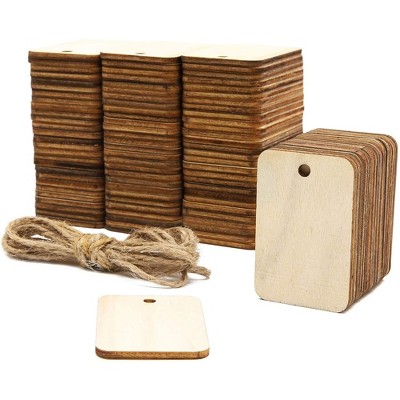 Bright Creations 100pcs Unfinished Wood Gift Tags, 1.3" x 2" Rectangle Shaped Hanging Wood Cutouts with Hemp Rope for DIY Craft Projects