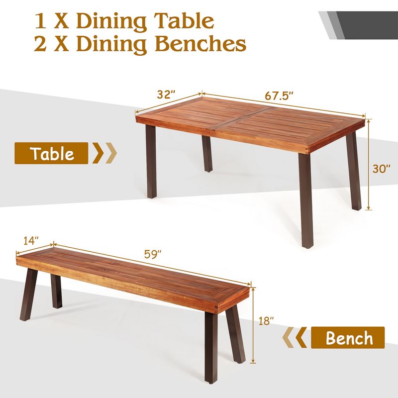 Costway 3 Pieces Picnic Table Set Acacia Wood Table Bench with Steel Legs Outdoor Patio, 3 of 11