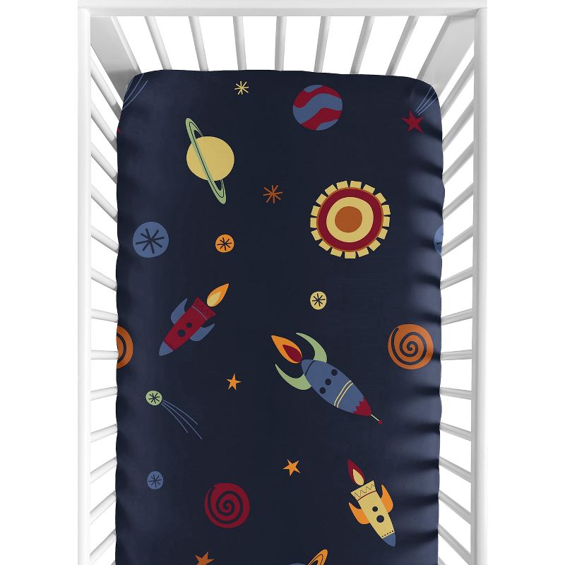 Sweet Jojo Designs Boy Baby Fitted Crib Sheet Space Galaxy Navy Blue Red and Yellow, 1 of 8