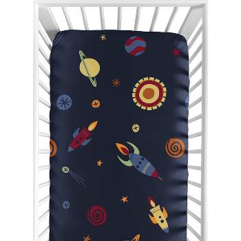 Sweet Jojo Designs Boy Baby Fitted Crib Sheet Space Galaxy Navy Blue Red and Yellow