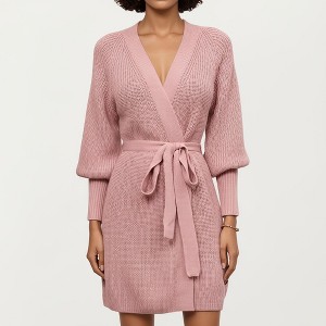 Anna-Kaci Women’s Knit Wrap Top with Long Sleeves, Textured Ribbed Fabric and Adjustable Waist Tie for a Wrapped Silhouette - 1 of 4