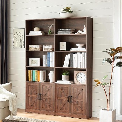 Gericco 70in Tall Bookshelf 6 Tier Bookcase with Barn Doors and Adjustable Shelf, Oak Grey Farmhouse Book Shelves with Storage Cabinet